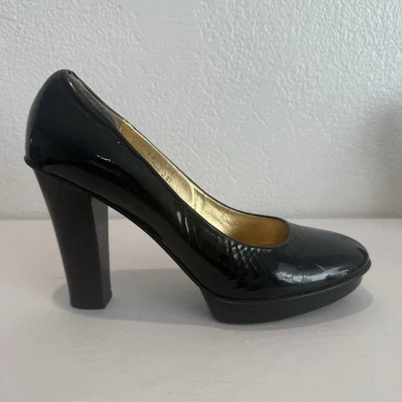 Vintage Coach Womens Pump Size 9 Black Patent Block Heel Platform Shoe Mob Wife - Picture 2 of 13
